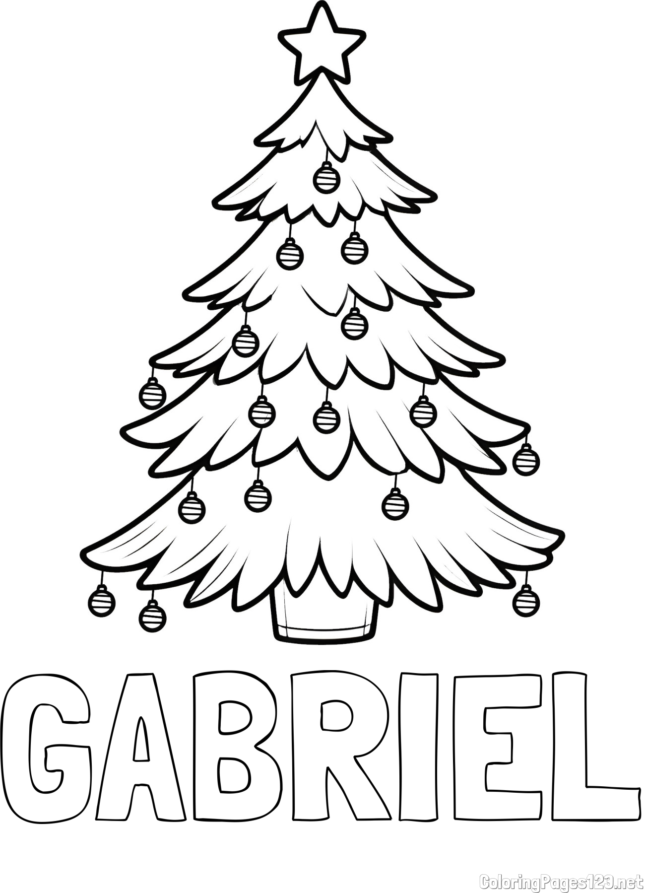 GABRIEL Coloring Page and Christmas Tree with Star and Ornaments Coloring Page