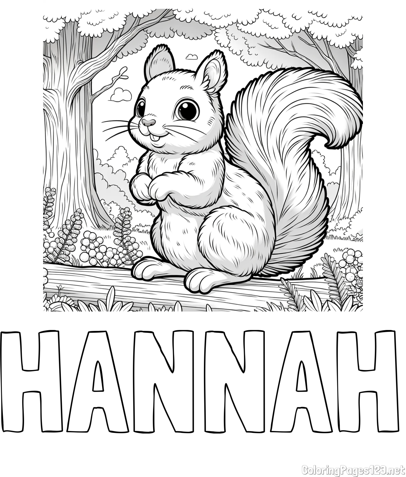 HANNAH Coloring Page and Coloring Page of a Squirrel in a Forest