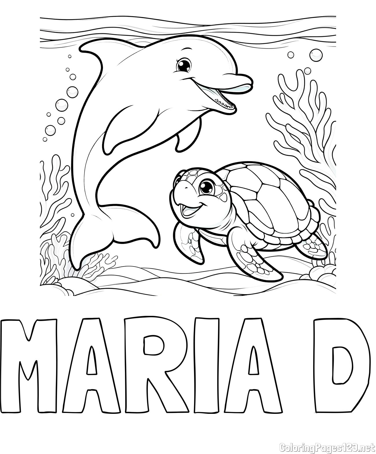 MARIA D Coloring Page and Coloring Book of a Cute Dolphin with a Turtle in the Sea