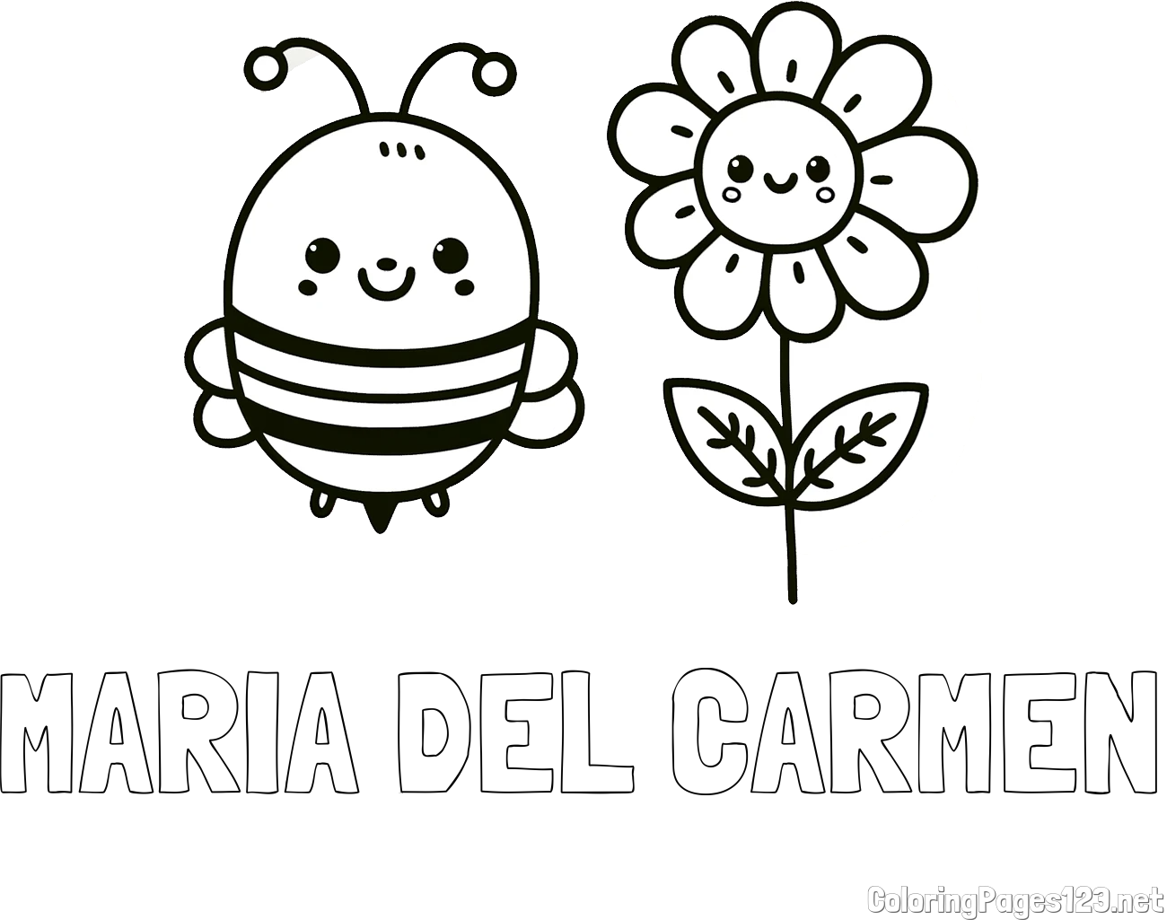 MARIA DEL CARMEN Coloring Page and Coloring Page of a Cute Bee and Smiling Flowers