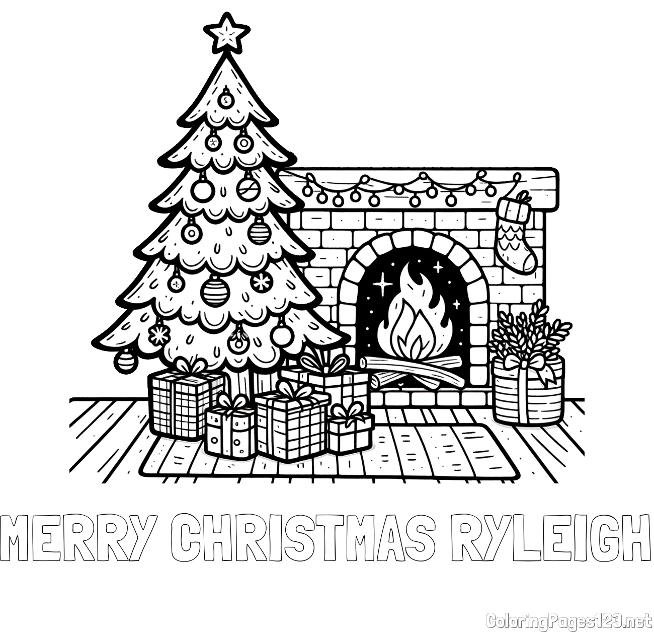 MERRY CHRISTMAS RYLEIGH Coloring Page and Coloring Page of a Christmas Tree with Presents and a Fireplace
