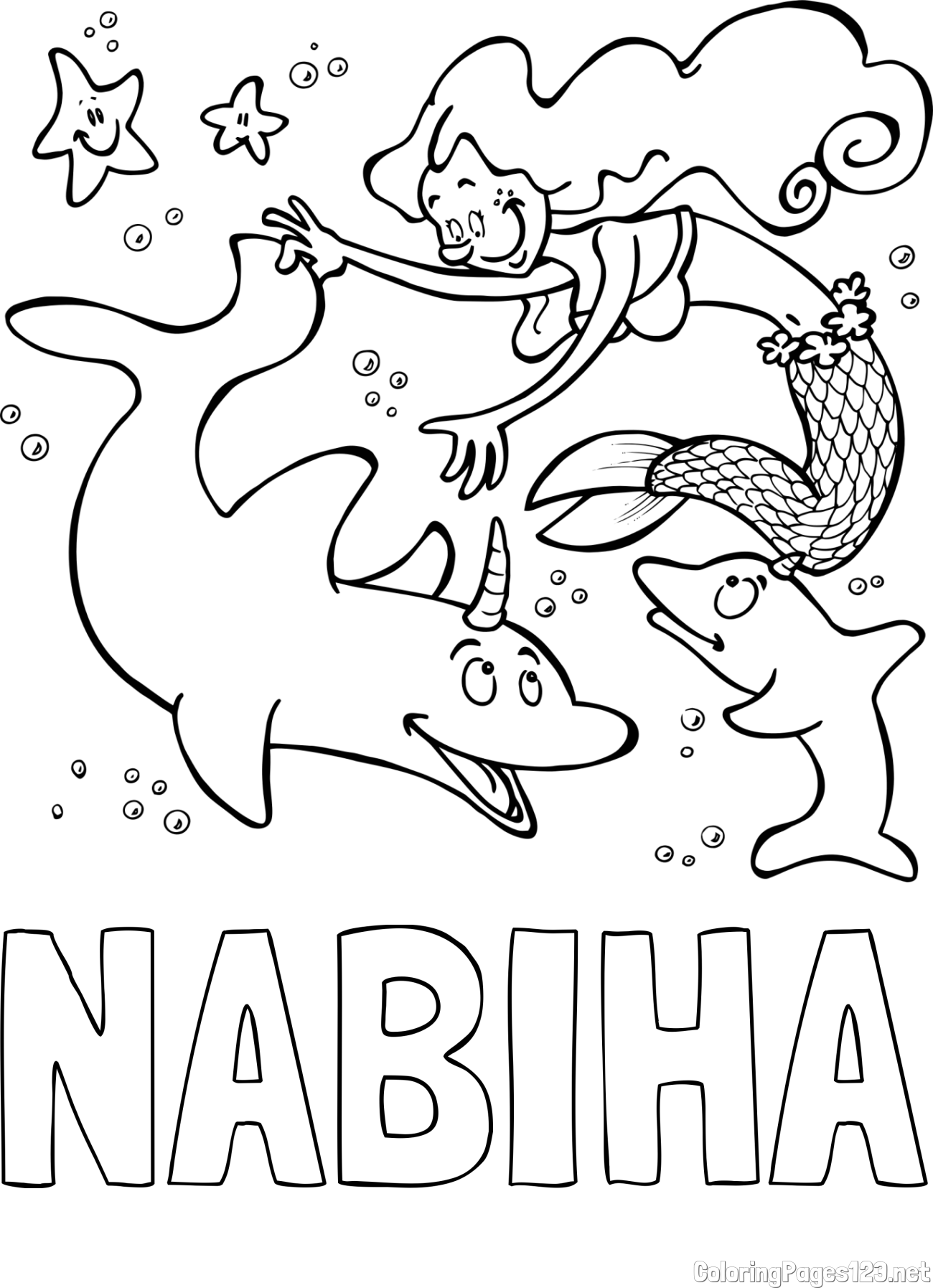NABIHA Coloring Page and Coloring Page of a Mermaid Playing with Dolphins