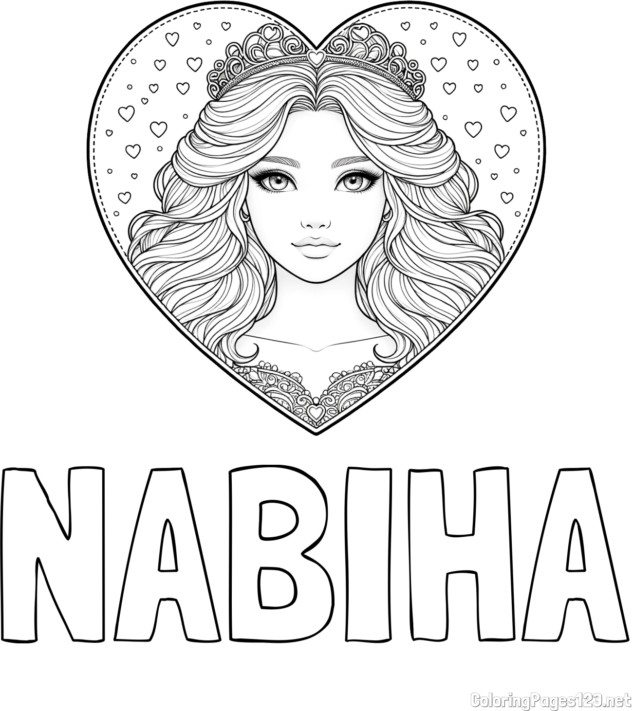 NABIHA Coloring Page and Coloring Page of a Princess in a Heart
