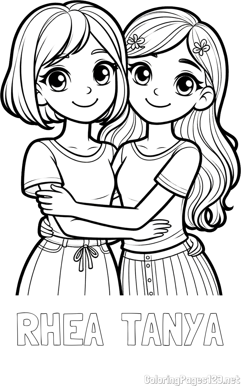 RHEA  TANYA Coloring Page and Coloring Page of Two Cute Girls Hugging Each Other (Best Friends Forever)