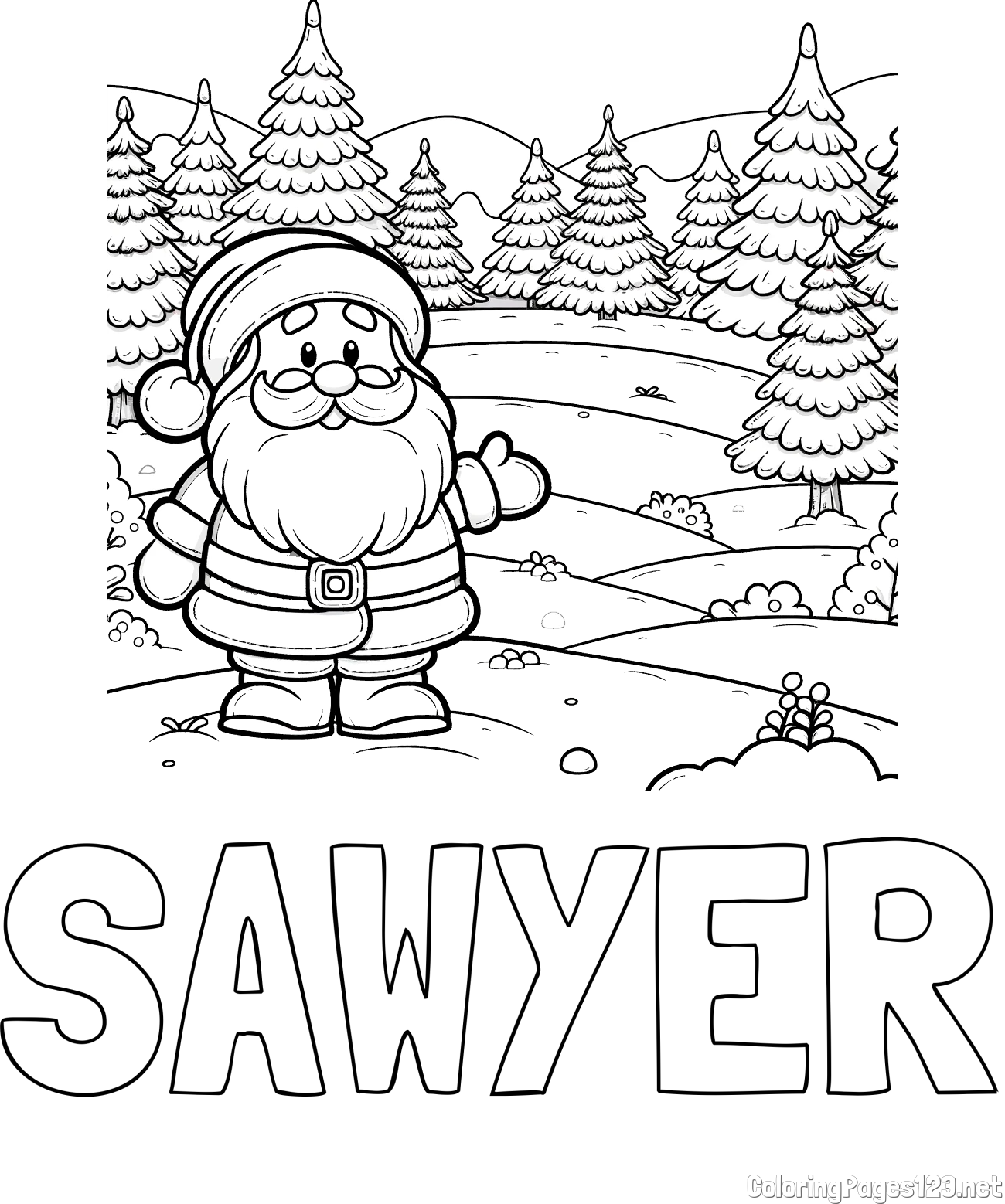 SAWYER Coloring Page and Coloring Page of a Cheerful Santa Claus