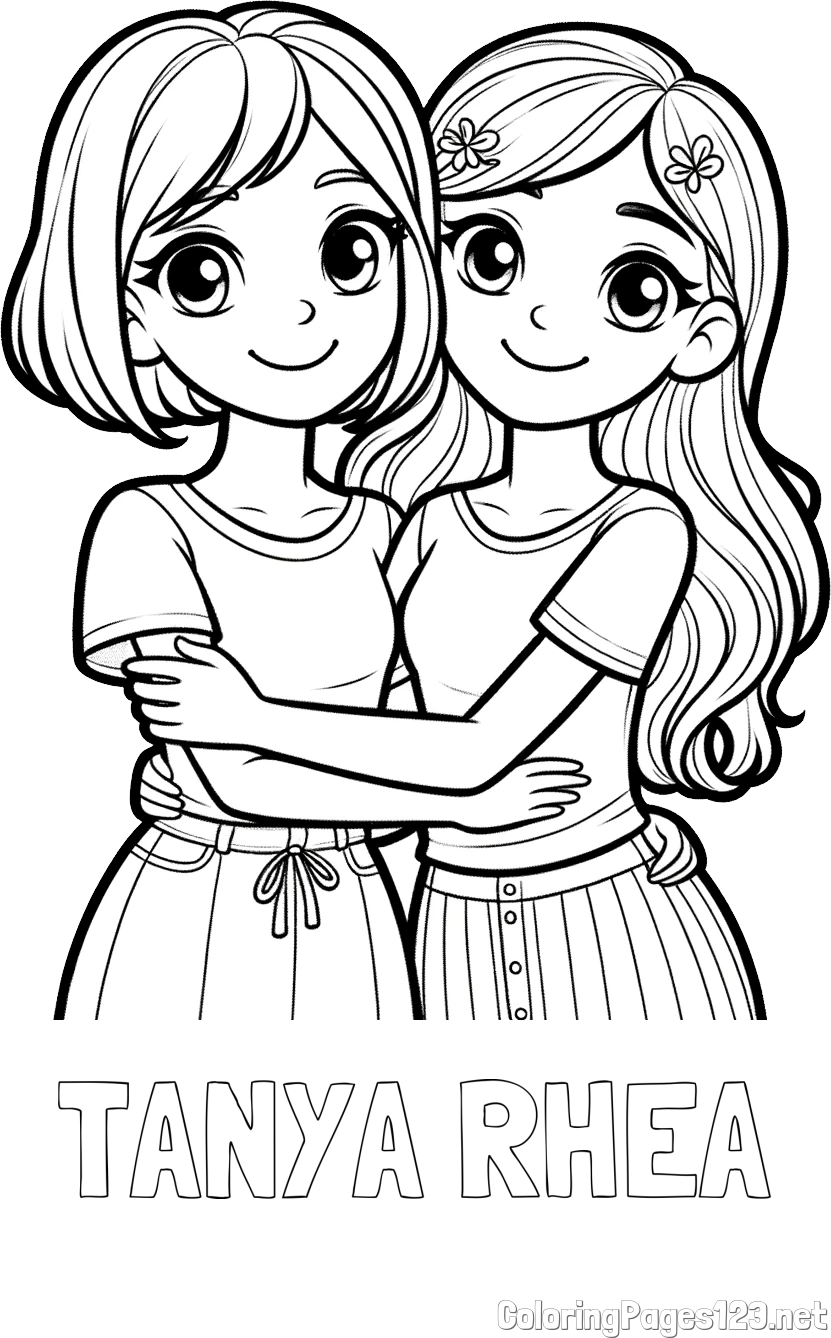 TANYA RHEA Coloring Page and Coloring Page of Two Cute Girls Hugging Each Other (Best Friends Forever)