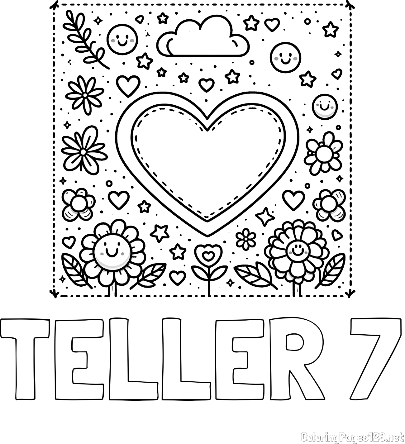 TELLER 7 Coloring Page and Free Printable Coloring Page of Heart and Flowers