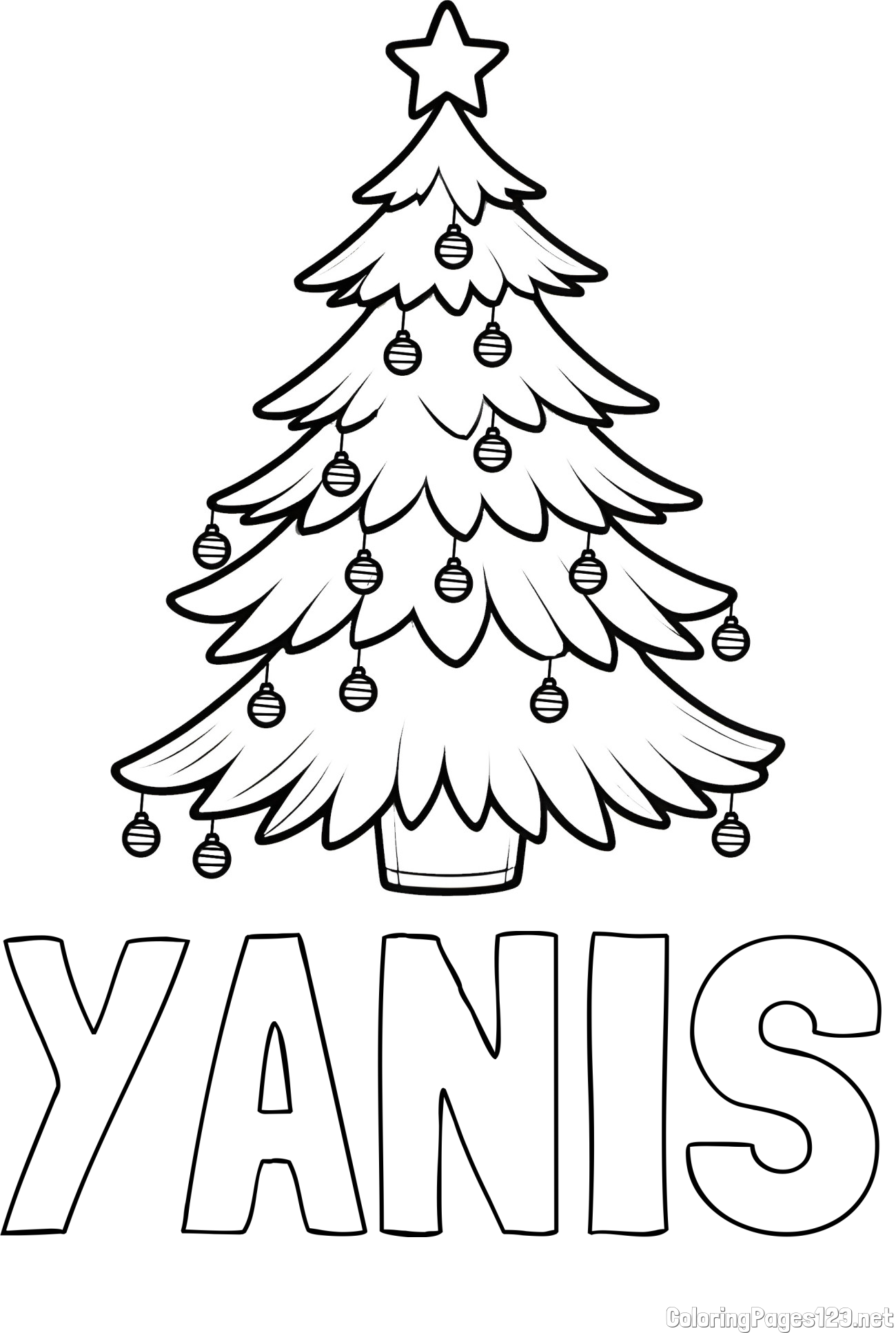 YANIS Coloring Page and Christmas Tree with Star and Ornaments Coloring Page