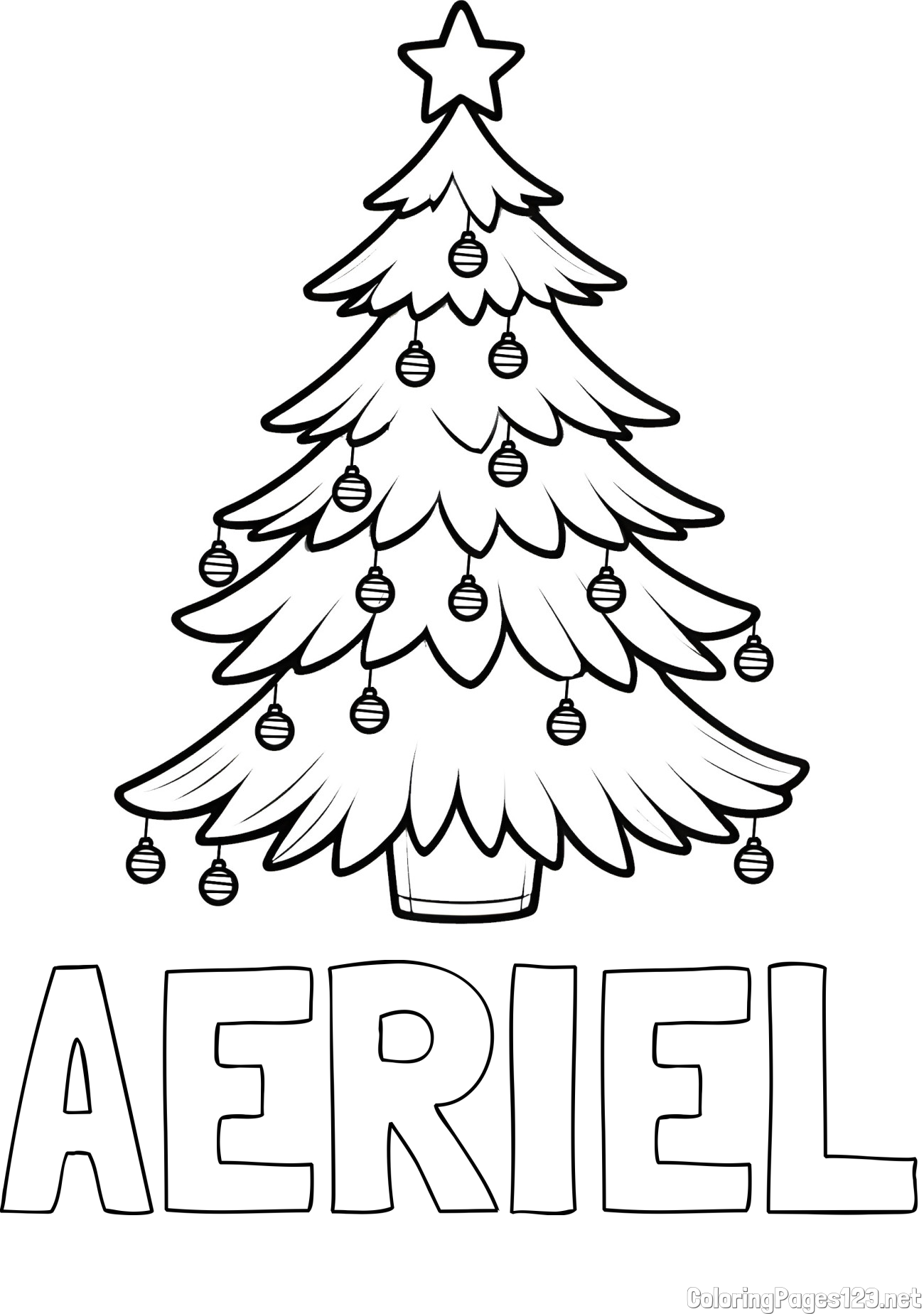 AERIEL Coloring Page and Christmas Tree with Star and Ornaments Coloring Page