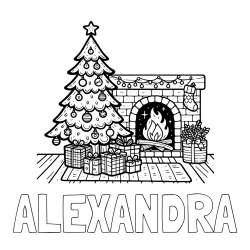 ALEXANDRA Coloring Page and Coloring Page of a Christmas Tree with Presents and a Fireplace