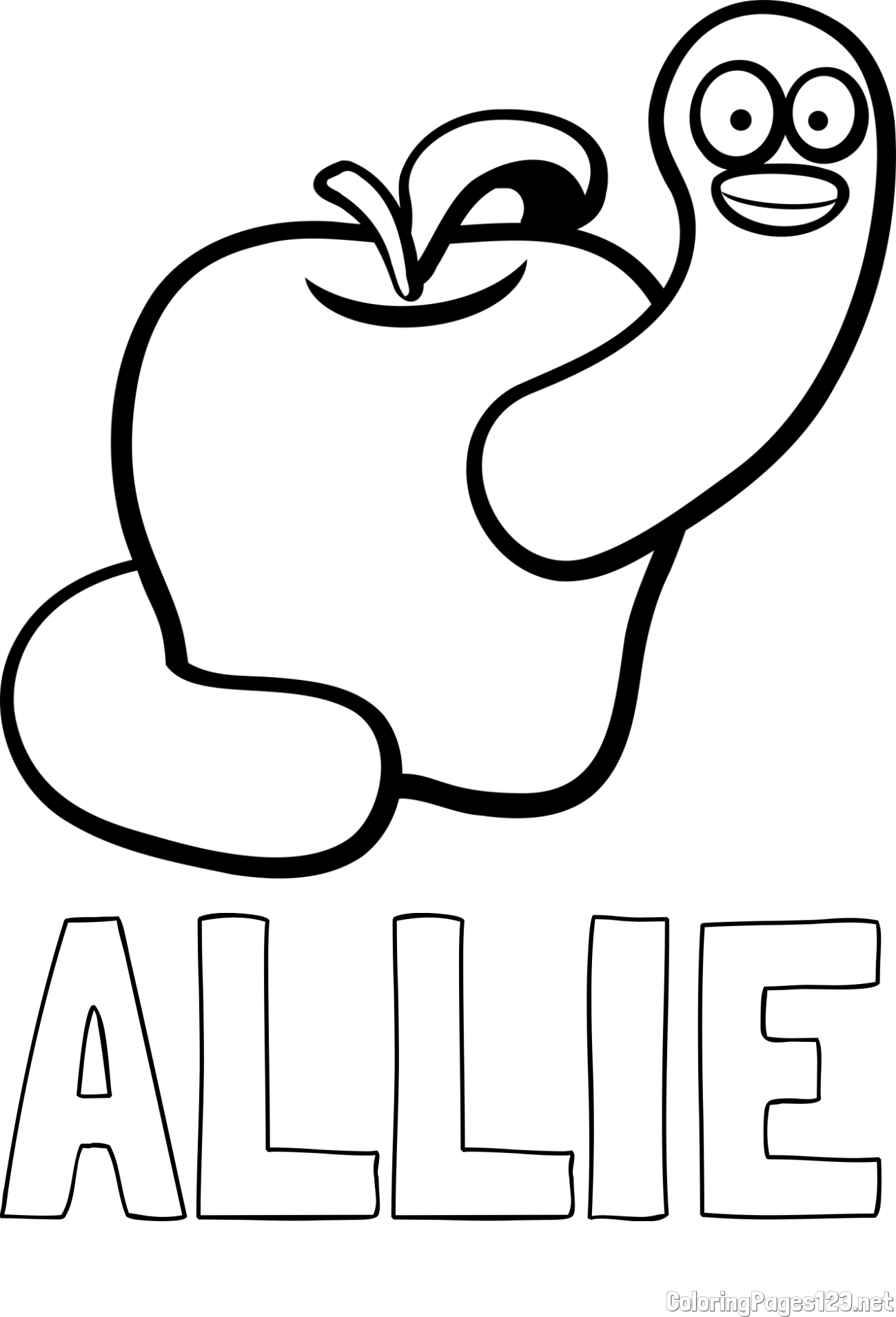 ALLIE Coloring Page and Apple and Smiling Worm Coloring Page