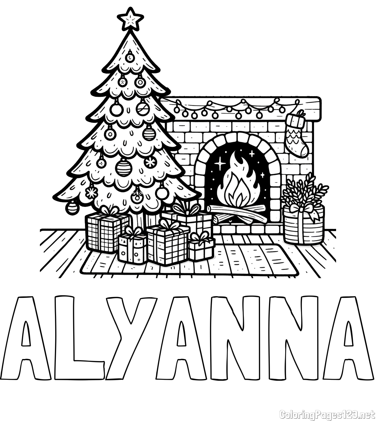 ALYANNA Coloring Page and Coloring Page of a Christmas Tree with Presents and a Fireplace