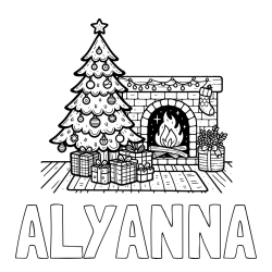 ALYANNA Coloring Page and Coloring Page of a Christmas Tree with Presents and a Fireplace
