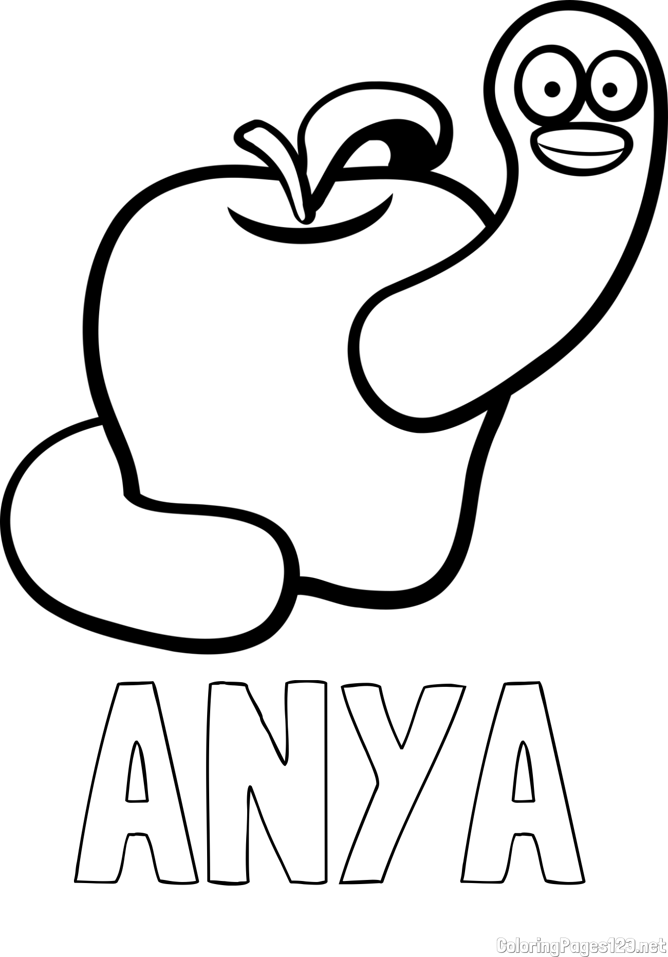 ANYA Coloring Page and Apple and Smiling Worm Coloring Page