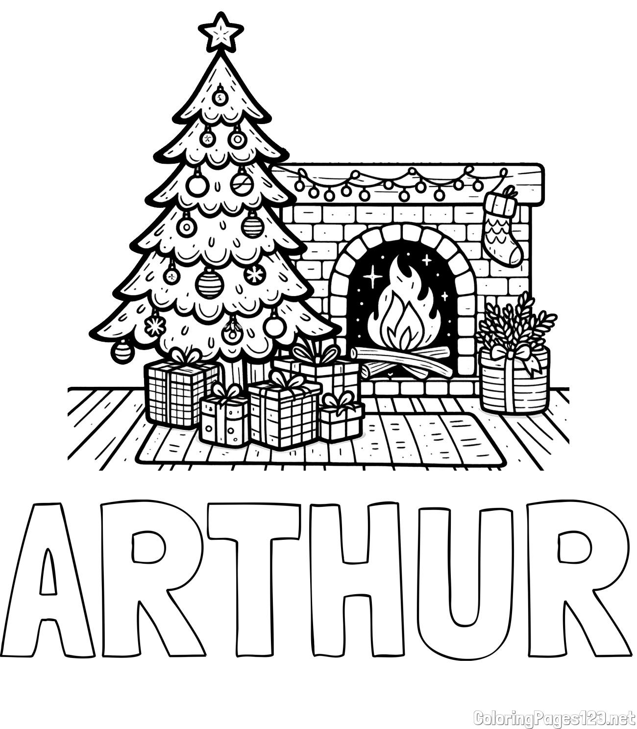 ARTHUR Coloring Page and Coloring Page of a Christmas Tree with Presents and a Fireplace