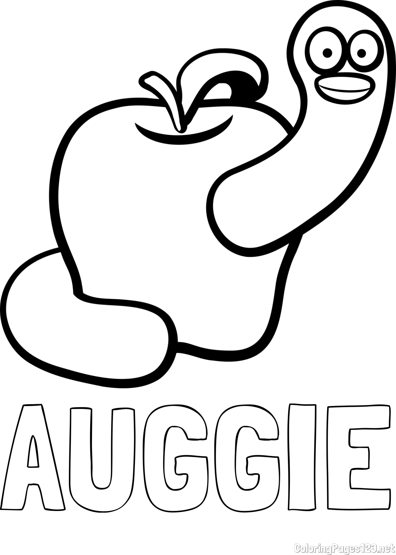 AUGGIE Coloring Page and Apple and Smiling Worm Coloring Page