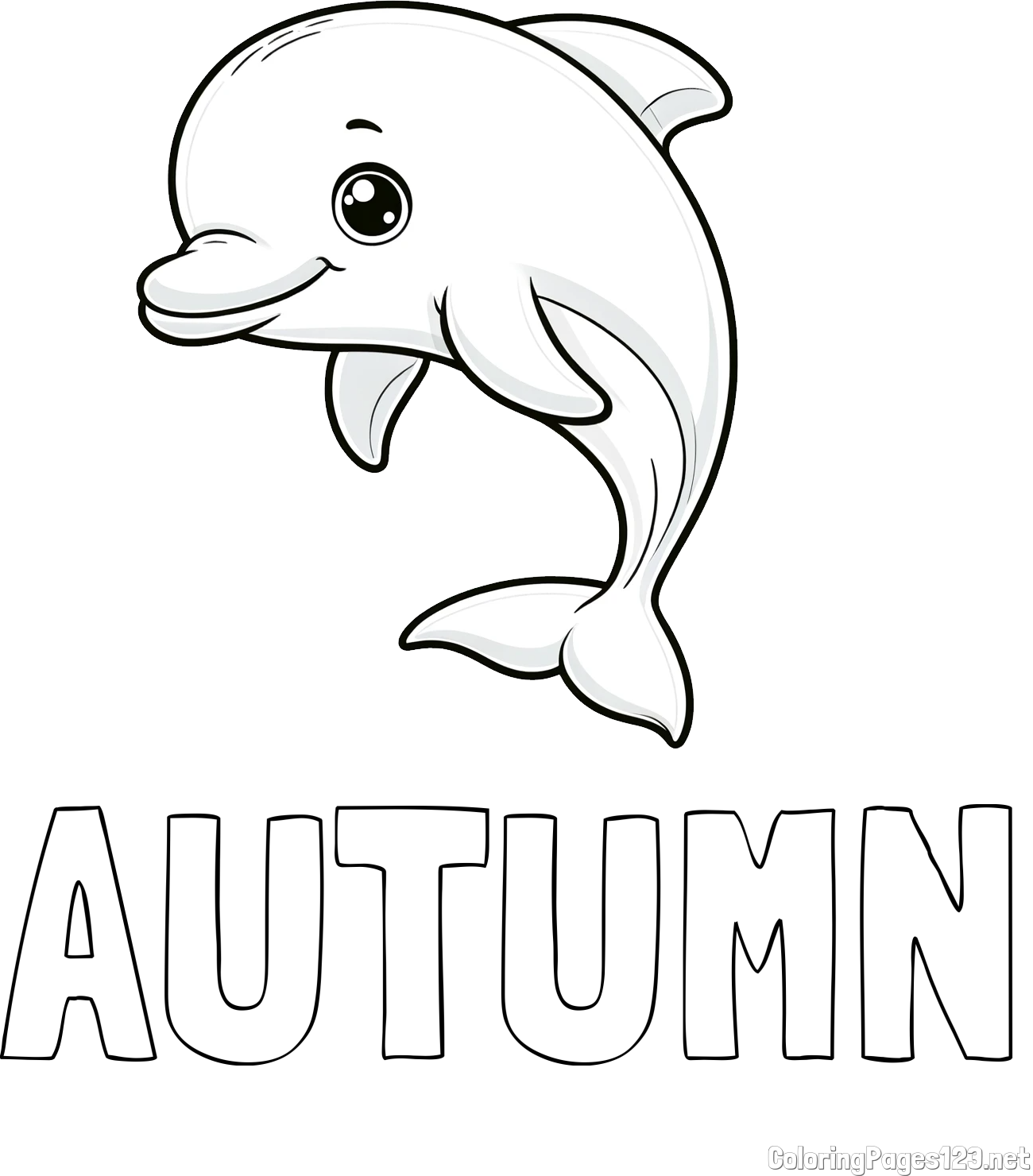 AUTUMN Coloring Page and Children's Coloring Book of a Cute Dolphin
