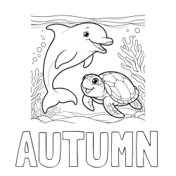 Online Created Coloring Page - AUTUMN Coloring Page and Coloring Book of a Cute Dolphin with a Turtle in the Sea