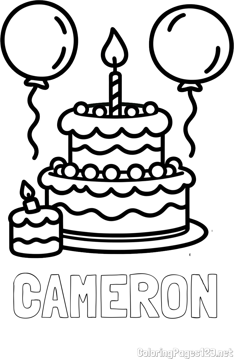 CAMERON Coloring Page and Birthday Cake Coloring Page with Balloons