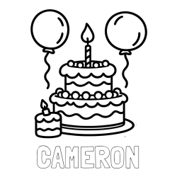 CAMERON Coloring Page and Birthday Cake Coloring Page with Balloons