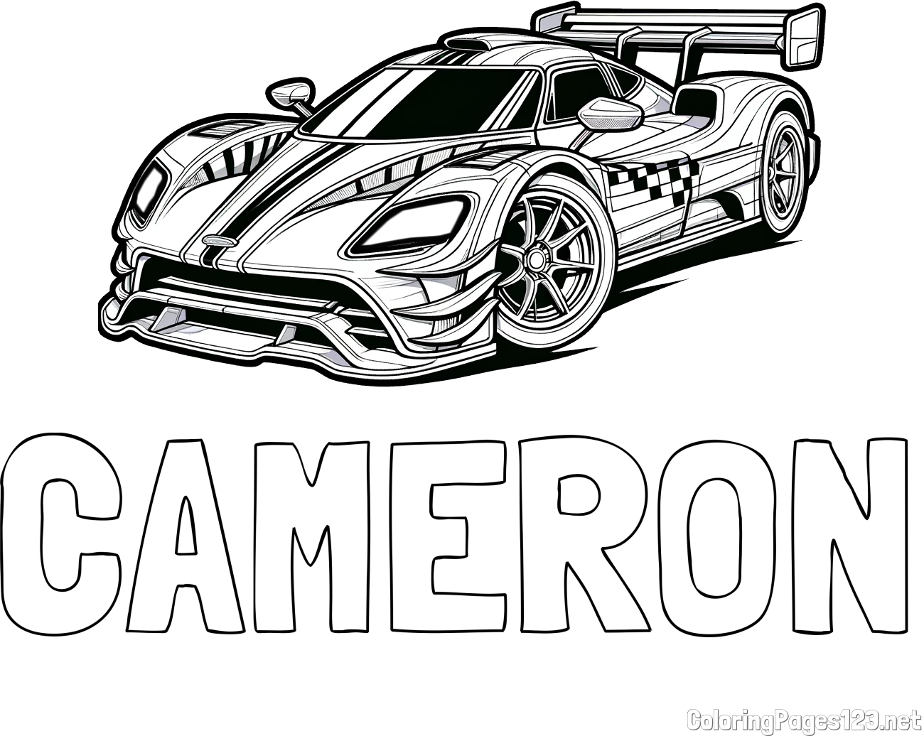 CAMERON Coloring Page and Coloring Page of a Futuristic Racing Car