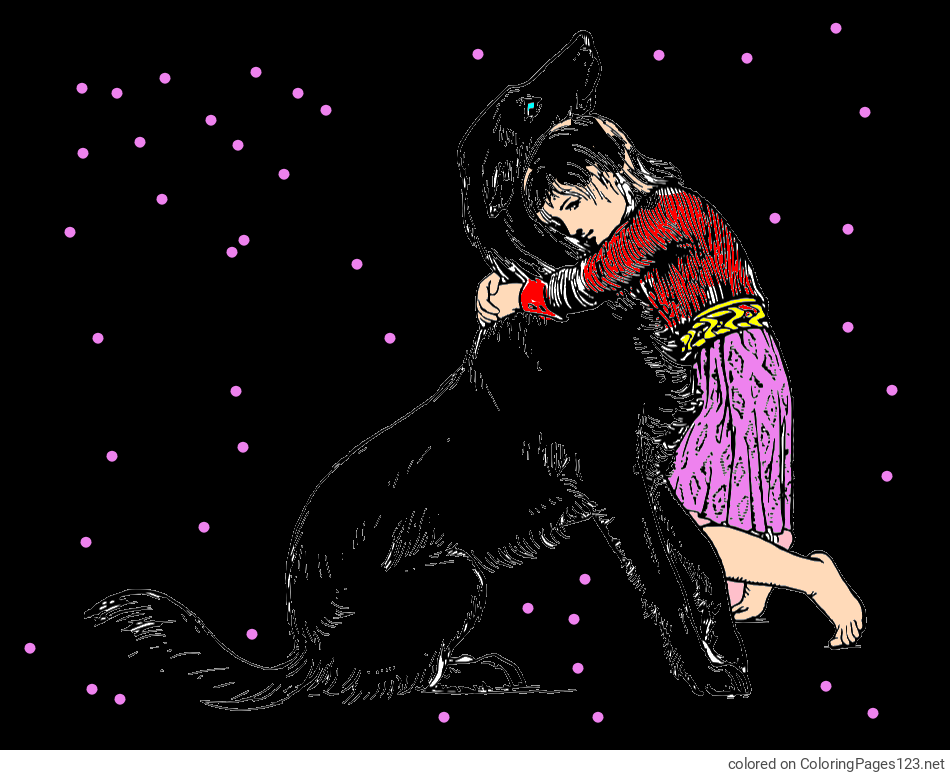 Colored coloring page - Coloring Page of an Adorable Dog Being Embraced by a Little Girl