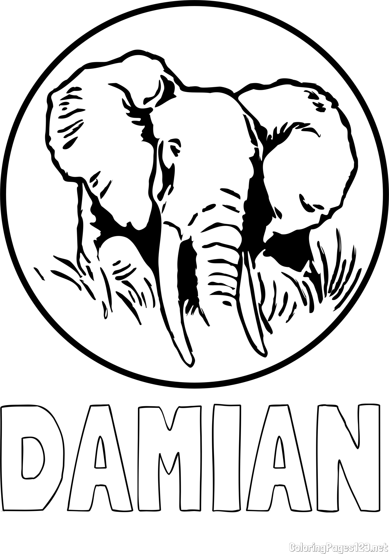 DAMIAN Coloring Page and Elephant Head in Circle Coloring Page