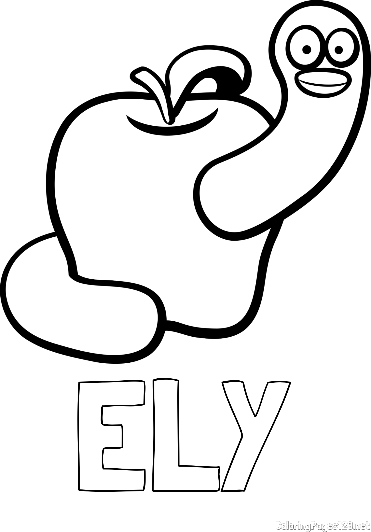 ELY Coloring Page and Apple and Smiling Worm Coloring Page