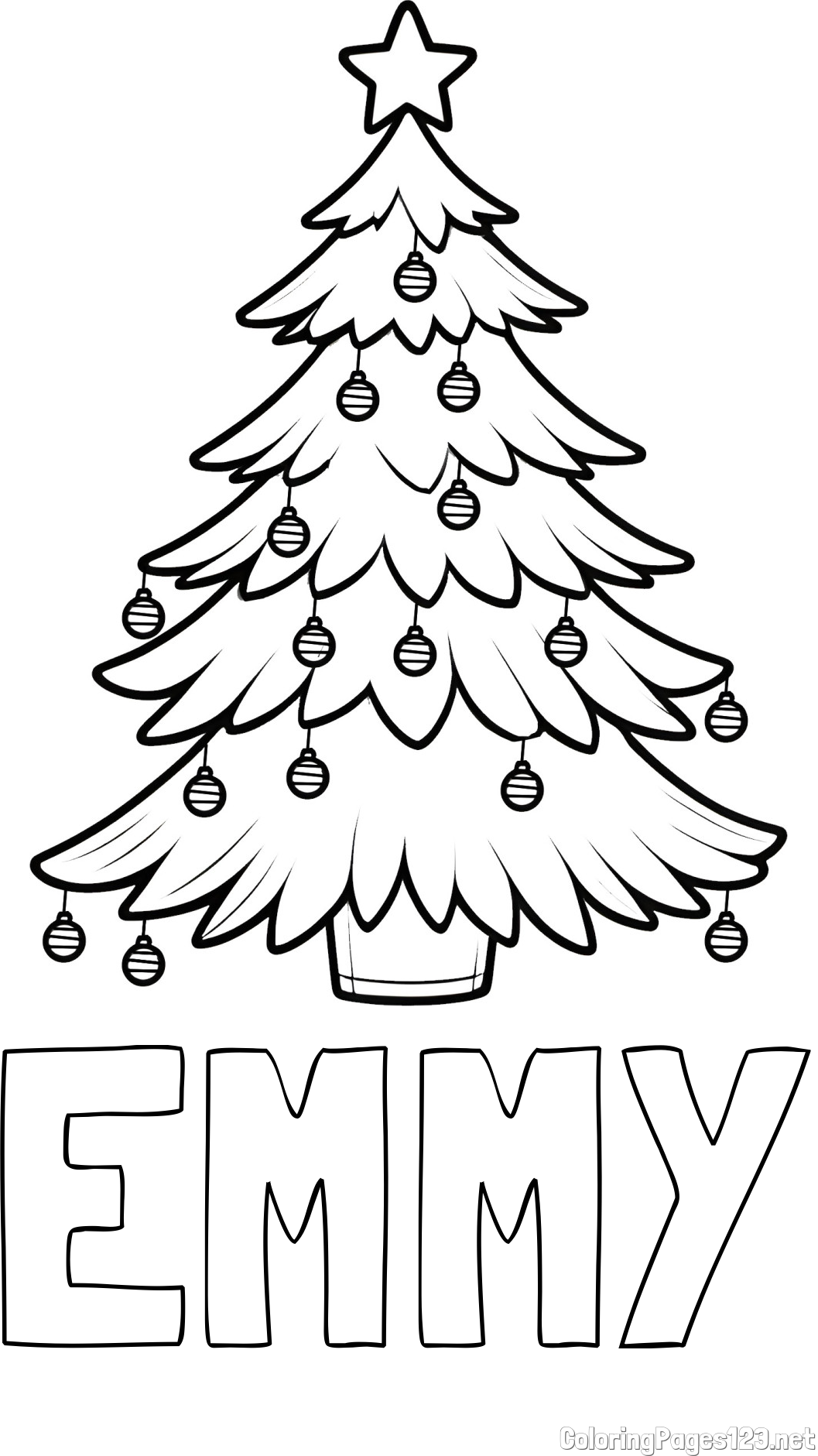 EMMY Coloring Page and Christmas Tree with Star and Ornaments Coloring Page