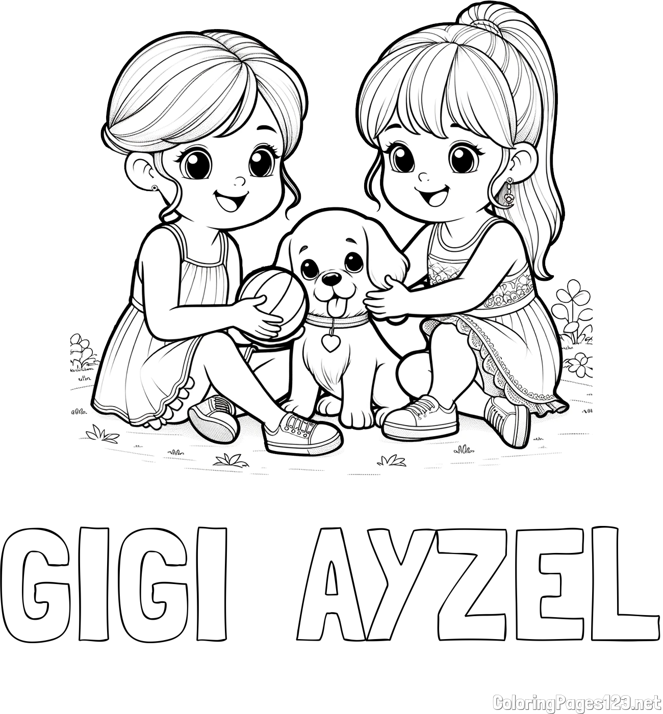 GIGI  AYZEL Coloring Page and Coloring Page of Two Girls with a Dog