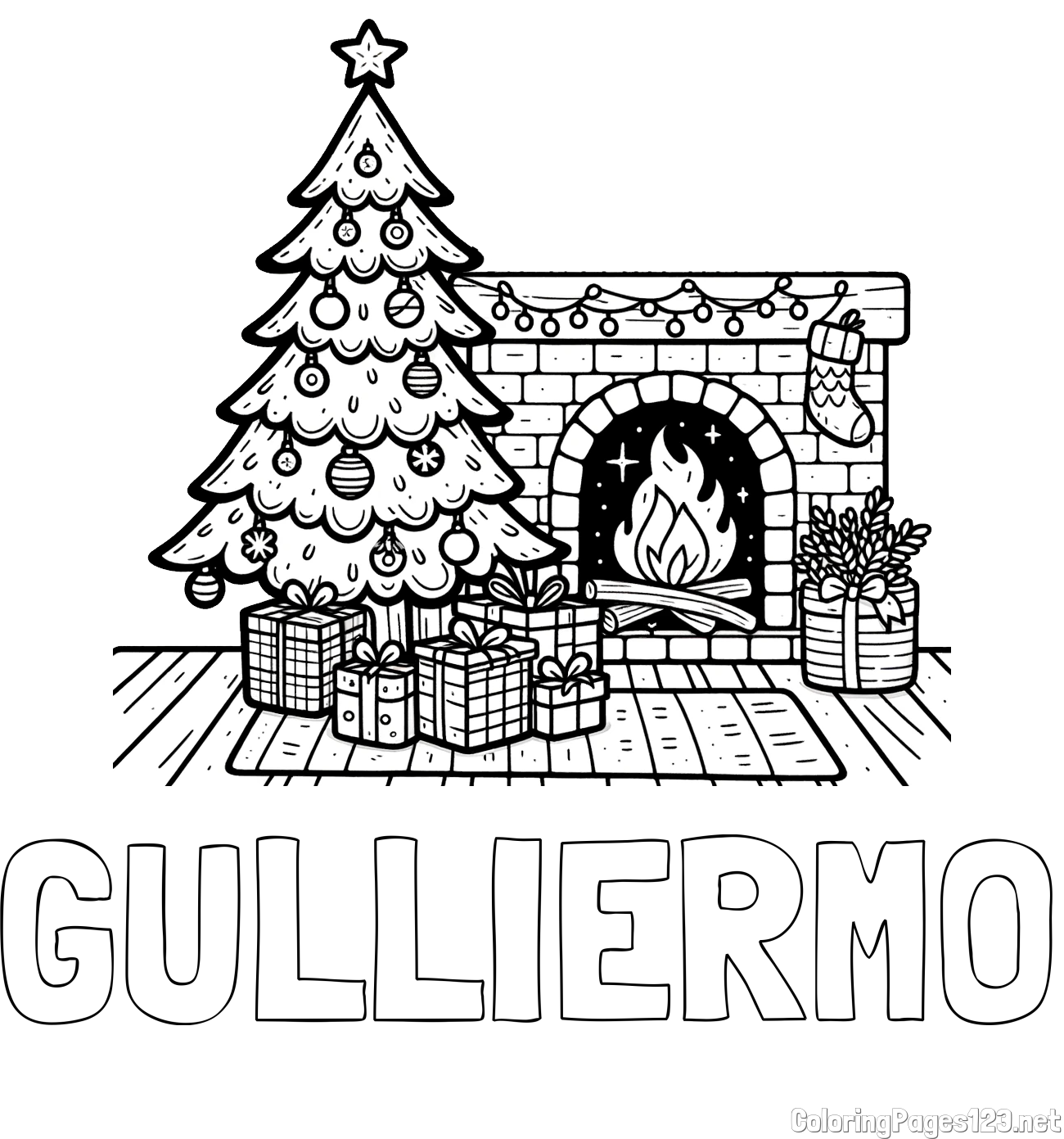 GULLIERMO Coloring Page and Coloring Page of a Christmas Tree with Presents and a Fireplace