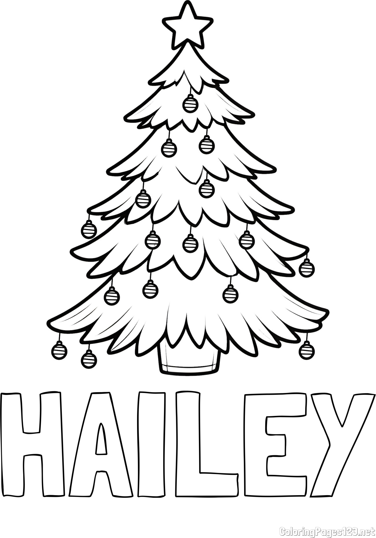 HAILEY Coloring Page and Christmas Tree with Star and Ornaments Coloring Page
