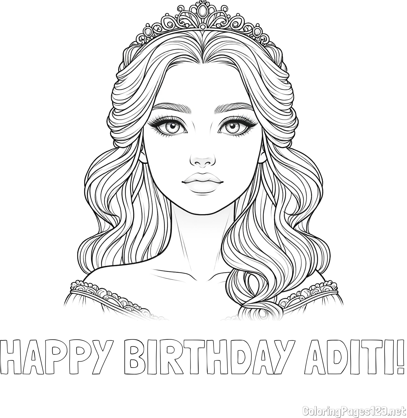 HAPPY BIRTHDAY ADITI! Coloring Page and Coloring Page of a Gorgeously Beautiful Princess