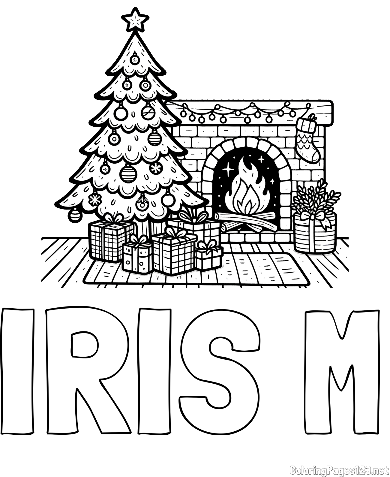 IRIS M Coloring Page and Coloring Page of a Christmas Tree with Presents and a Fireplace