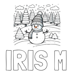 Online Created Coloring Page - IRIS M Coloring Page and Coloring Page of a Snowman with Pine Trees in the Background