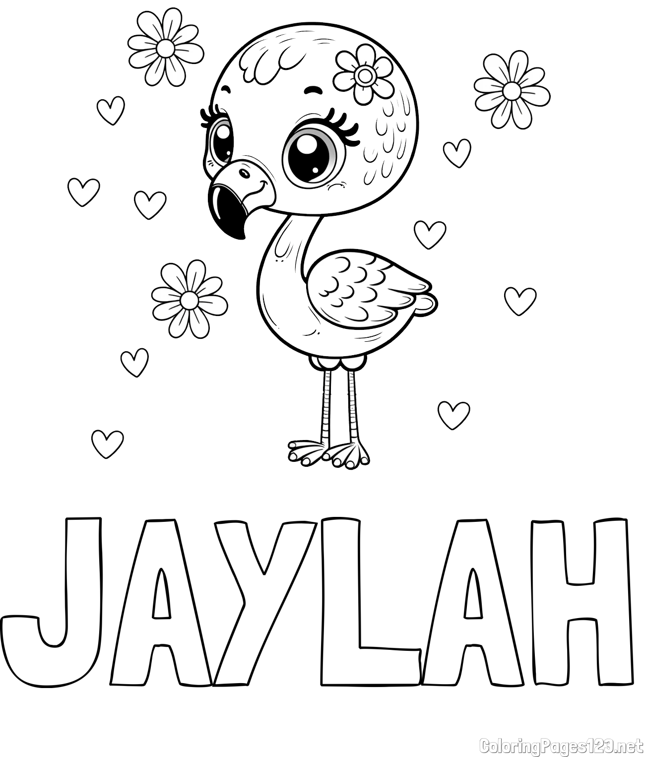 JAYLAH Coloring Page and Coloring Page of a Cute Flamingo with Flowers