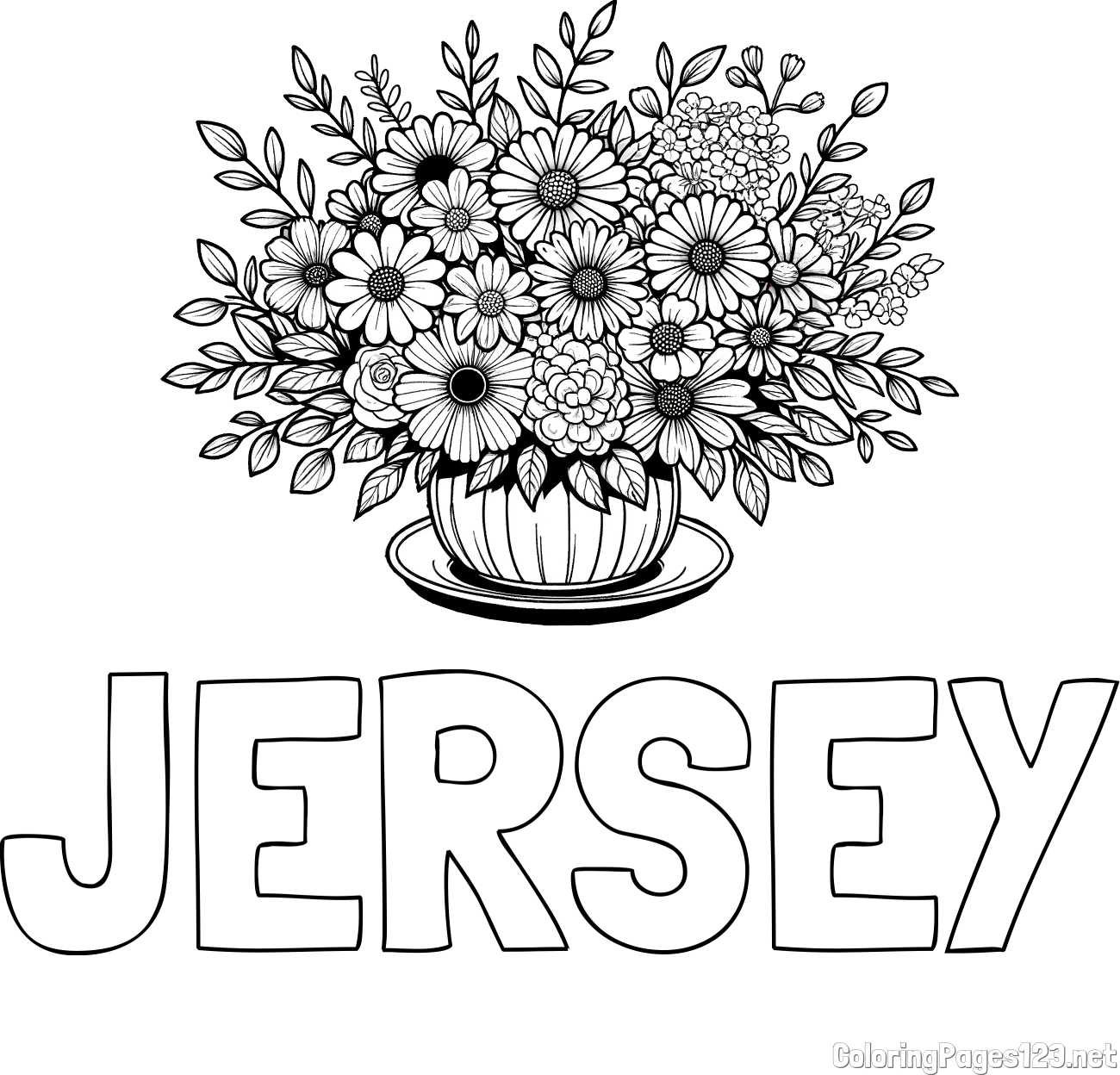 JERSEY Coloring Page and Beautiful Bouquet of Flowers Coloring Page