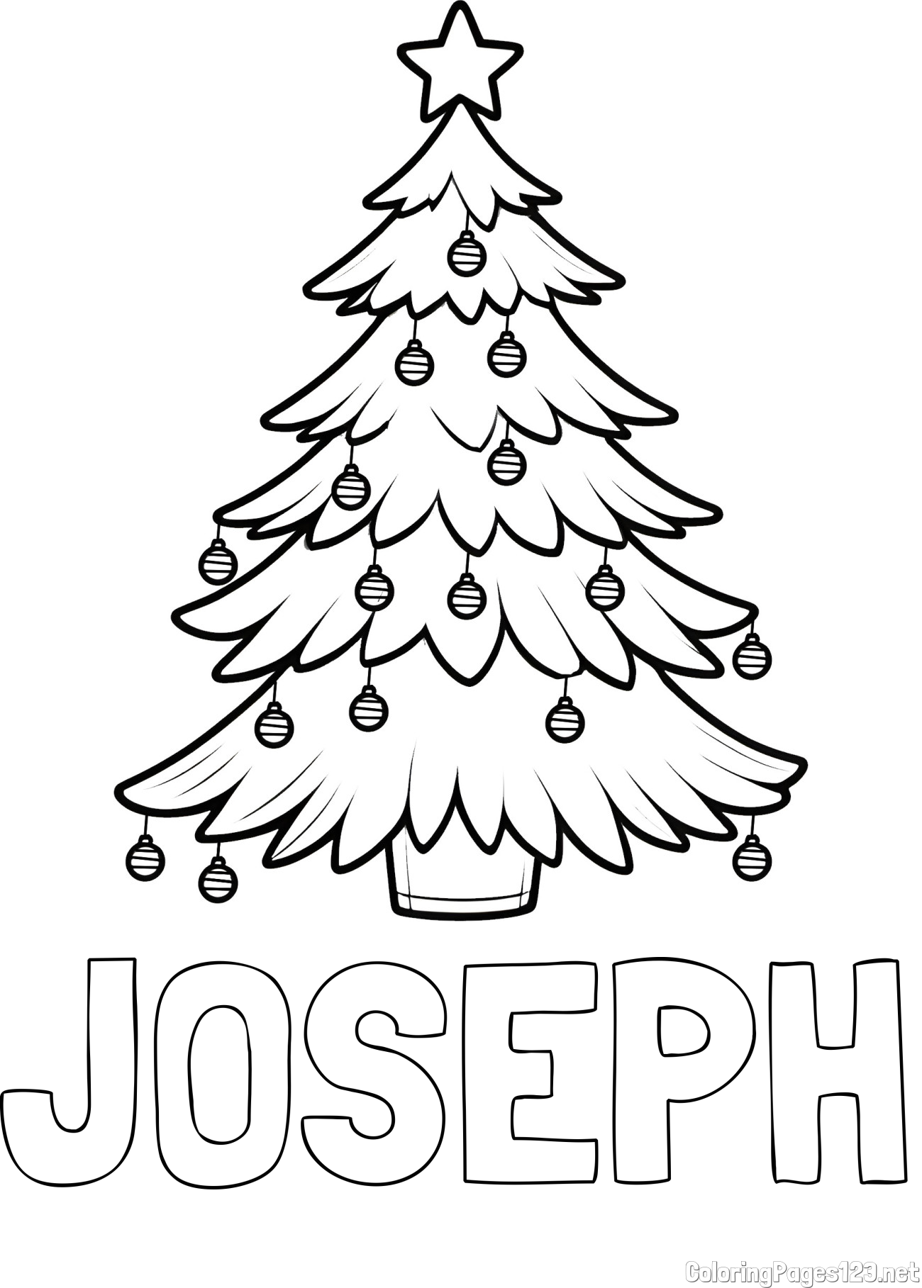 JOSEPH Coloring Page and Christmas Tree with Star and Ornaments Coloring Page