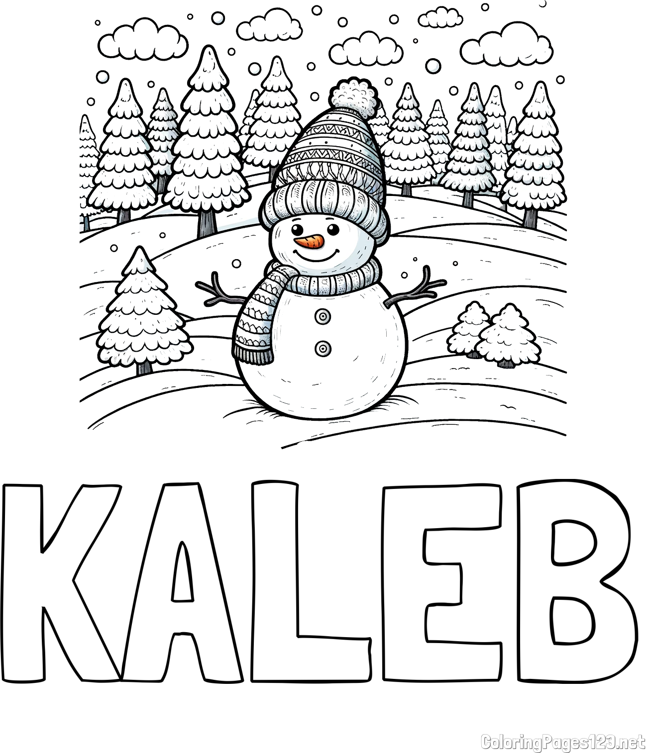 KALEB Coloring Page and Coloring Page of a Snowman with Pine Trees in the Background