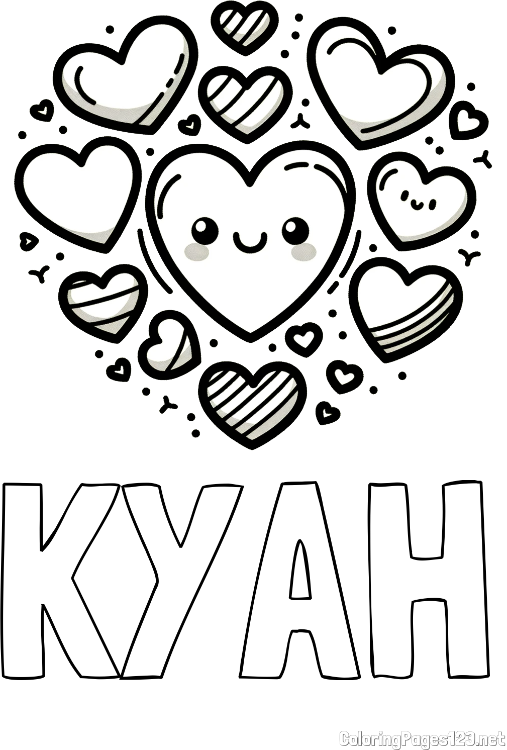 KYAH Coloring Page and Coloring Page of a Cute Cat Surrounded by Hearts