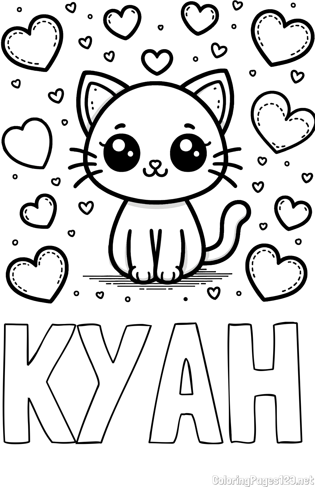 KYAH Coloring Page and Free Coloring Page of a Cat and Hearts