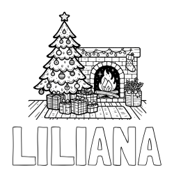 LILIANA Coloring Page and Coloring Page of a Christmas Tree with Presents and a Fireplace