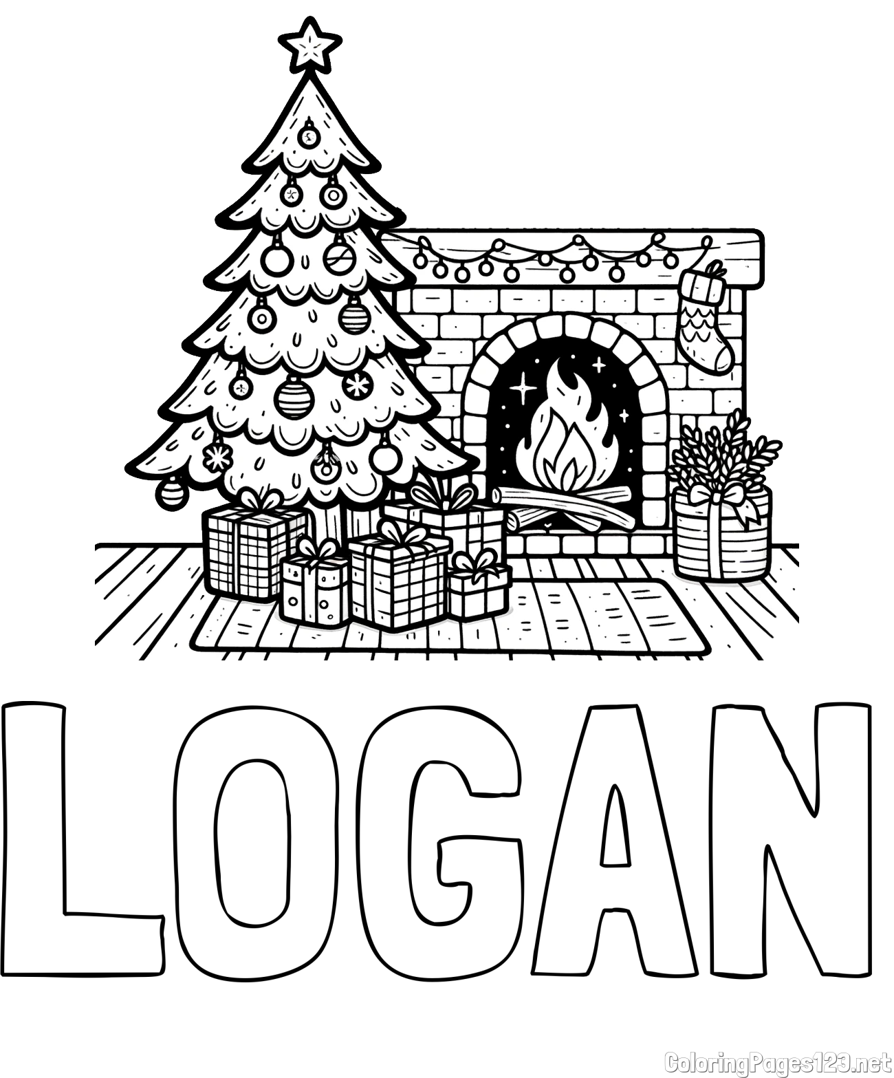 LOGAN Coloring Page and Coloring Page of a Christmas Tree with Presents and a Fireplace