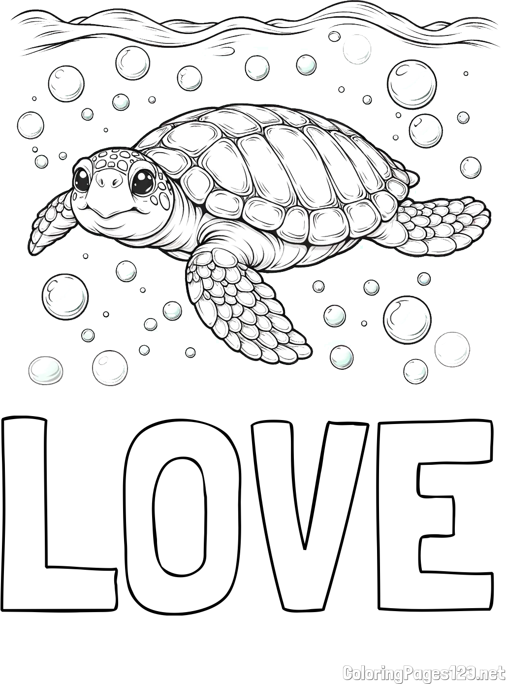 LOVE Coloring Page and Coloring Page of a Sea Turtle Swimming in the Ocean