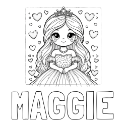 Online Created Coloring Page - MAGGIE Coloring Page and Coloring Page of a Princess Surrounded by Hearts