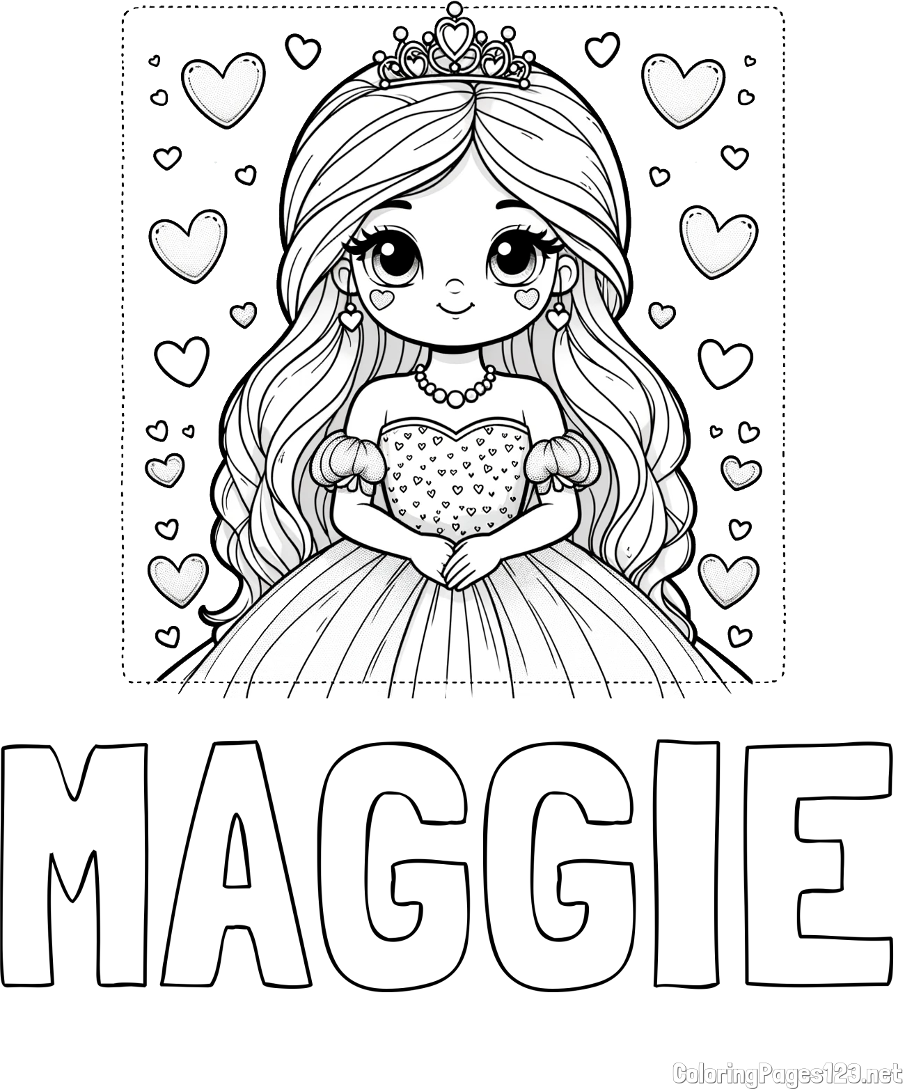 MAGGIE Coloring Page and Coloring Page of a Princess Surrounded by Hearts