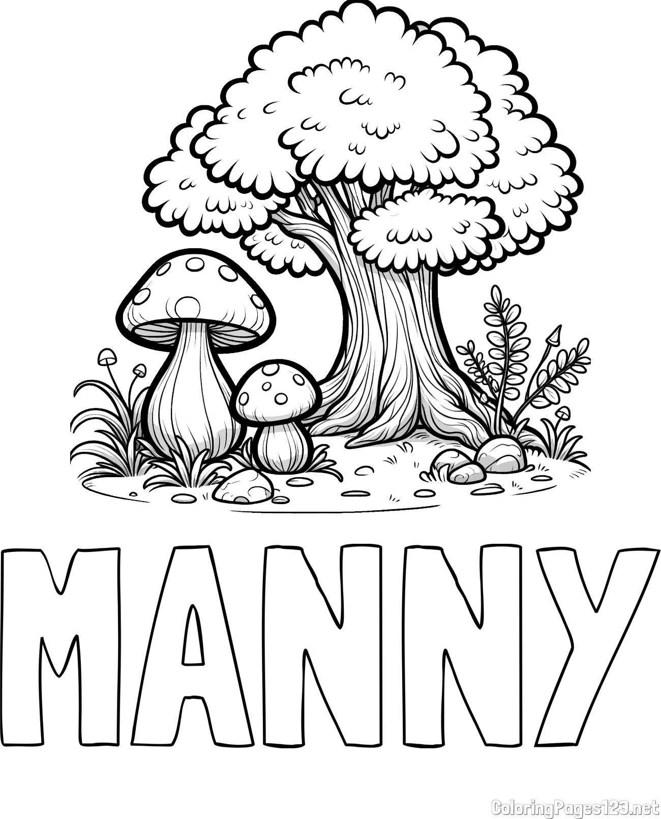 MANNY Coloring Page and Coloring Page of Two Mushrooms and a Big Tree