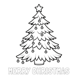 Online Created Coloring Page - MERRY CHRISTMAS Coloring Page and Christmas Tree with Star and Ornaments Coloring Page