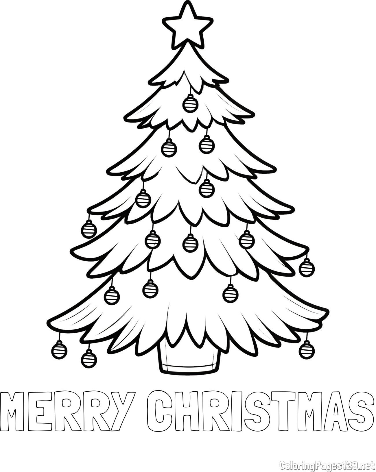 MERRY CHRISTMAS Coloring Page and Christmas Tree with Star and Ornaments Coloring Page