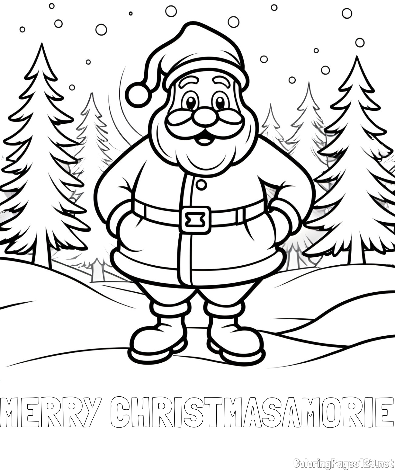 MERRY CHRISTMASAMORIE Coloring Page and Santa Claus in the Forest Coloring Page